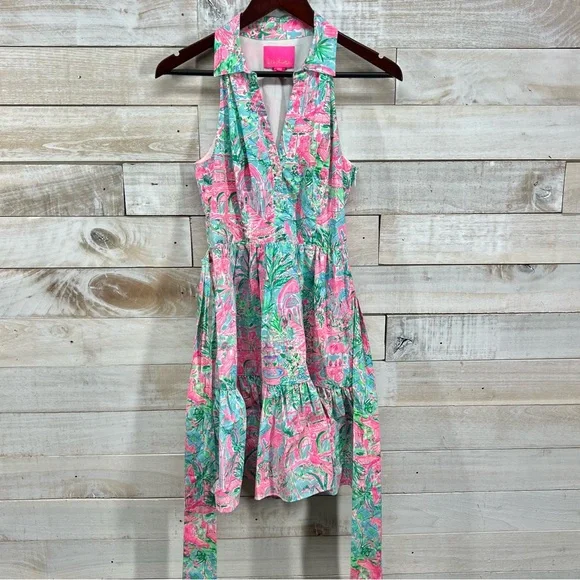 Lilly Pulitzer Dress Size 0 Pink Flamingo Halter Preppy Beach Coastal Fit Flare - Picture 2 of 16